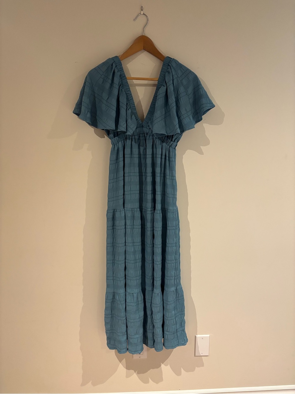 Blue Flutter-Sleeve V-Neck Maxi Dress